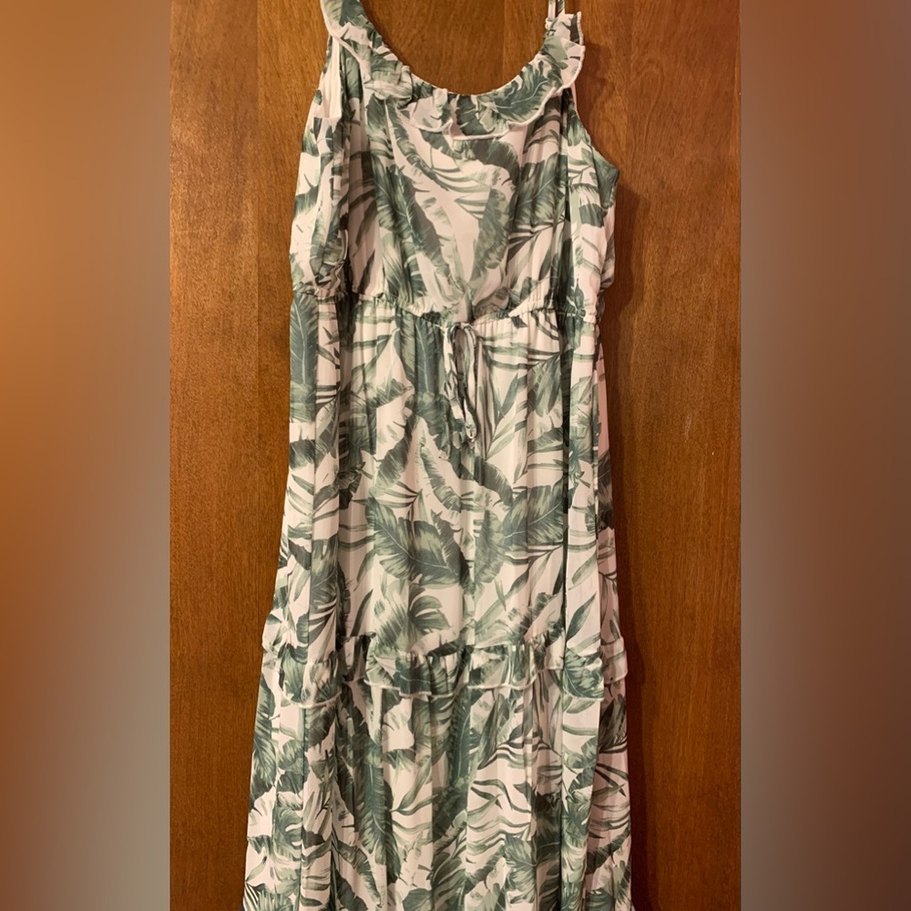 Crystal Doll White Maxi Dress with Green Leaf Print